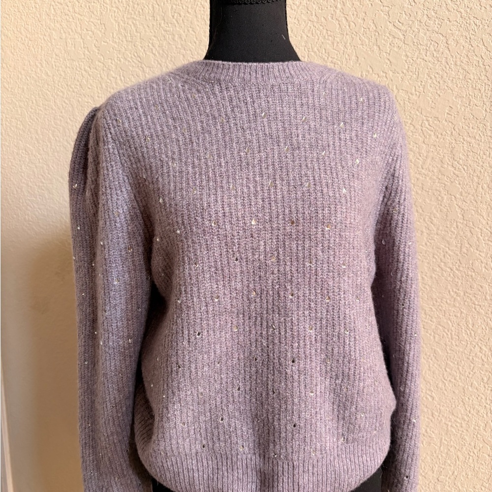 J. Crew Lavender Sequin Puff-Sleeve Crewneck Sweater - Picture 2 of 6
